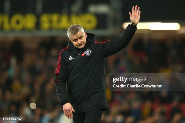 Ole Gunnar Solskjaer, Manager of Manchester United acknowledges the fans following the Premier League match between Watford and Manchester United at...