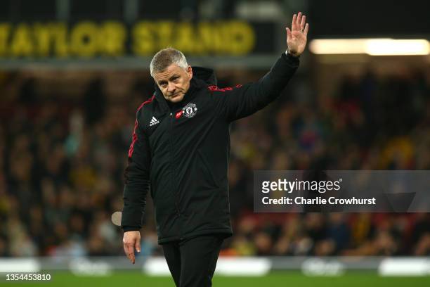 Ole Gunnar Solskjaer, Manager of Manchester United acknowledges the fans following the Premier League match between Watford and Manchester United at...