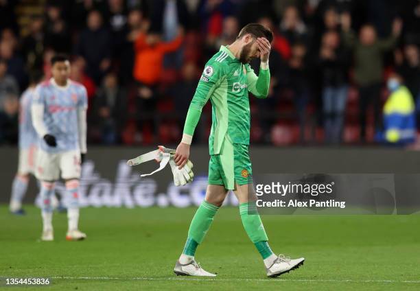 David De Gea of Manchester United looks dejected following the Premier League match between Watford and Manchester United at Vicarage Road on...