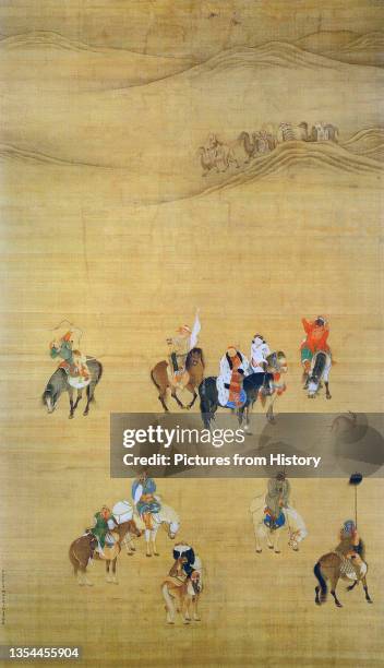 Chinese scroll painting from 1280 by Liu Kuan-tao showing a camel caravan carrying carpets in the background with the Mongol emperor Kublai Khan...