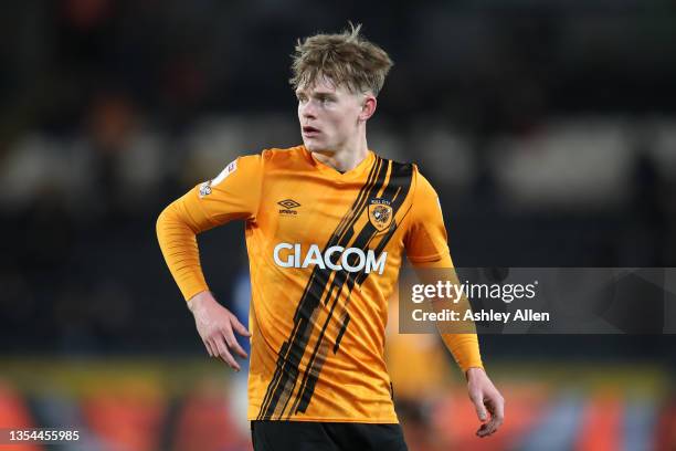 Keane Lewis-Potter of Hull City looks on during the Sky Bet Championship match between Hull City and Birmingham City at MKM Stadium on November 20,...