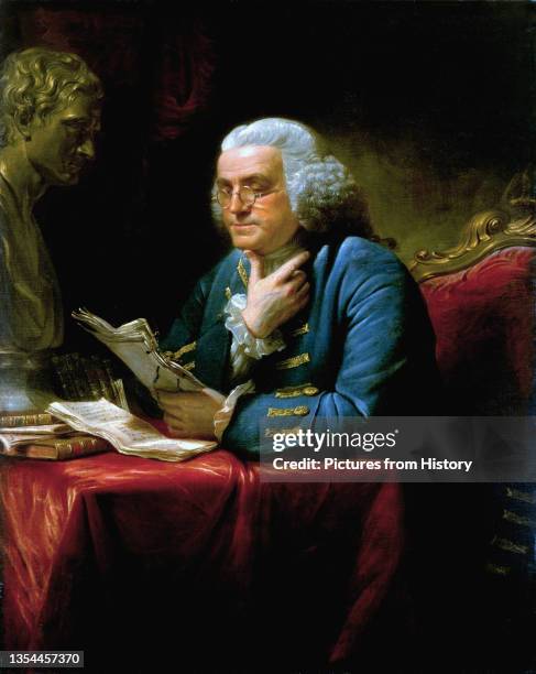 Painting of Benjamin Franklin , one of the Founding Fathers of the United States, in London wearing a blue suit with elaborate gold braid and...