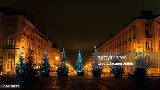 christmas trees and lights on square - decorated christmas trees outside stockfoto's en -beelden