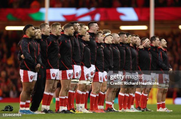 Players of Wales sing their National Anthem prior to the Autumn Nations Series match between Wales and Australia at Principality Stadium on November...