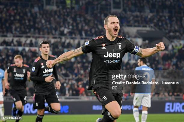 Leonardo Bonucci of Juventus celebrates after scoring his team's first goal during the Serie A match between SS Lazio and Juventus at Stadio Olimpico...