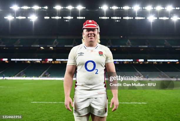 Nic Dolly of England poses for a photo with his first England Cap following the Autumn Nations Series match between England and South Africa at...