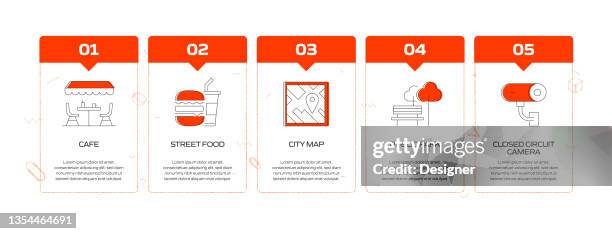 city life related process infographic template. process timeline chart. workflow layout with linear icons - school cafeteria stock illustrations