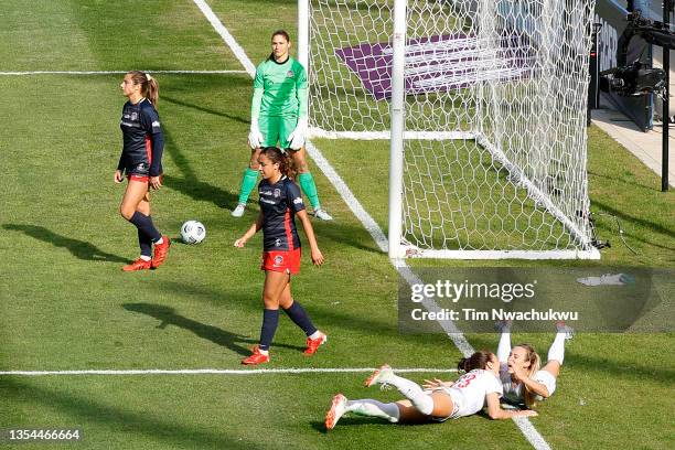 Tatumn Milazzo and Rachel Hill of Chicago Red Stars celebrate a goal by Hill during the first half against Washington Spirit during the NWSL...
