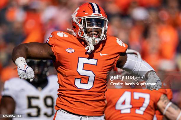 Defensive end K.J. Henry of the Clemson Tigers reacts after a play against the Wake Forest Demon Deacons during their game at Clemson Memorial...