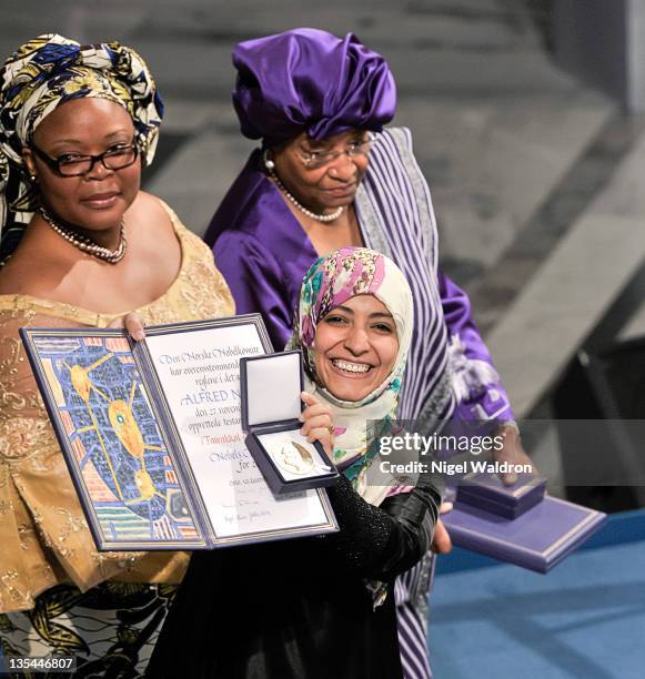 Leymah Gbowee of Liberia, Ellen Johnson Sirleaf President of Liberia and Tawakkol Karman of Yemeni, joint winners of the Nobel Peace Prize, pose...