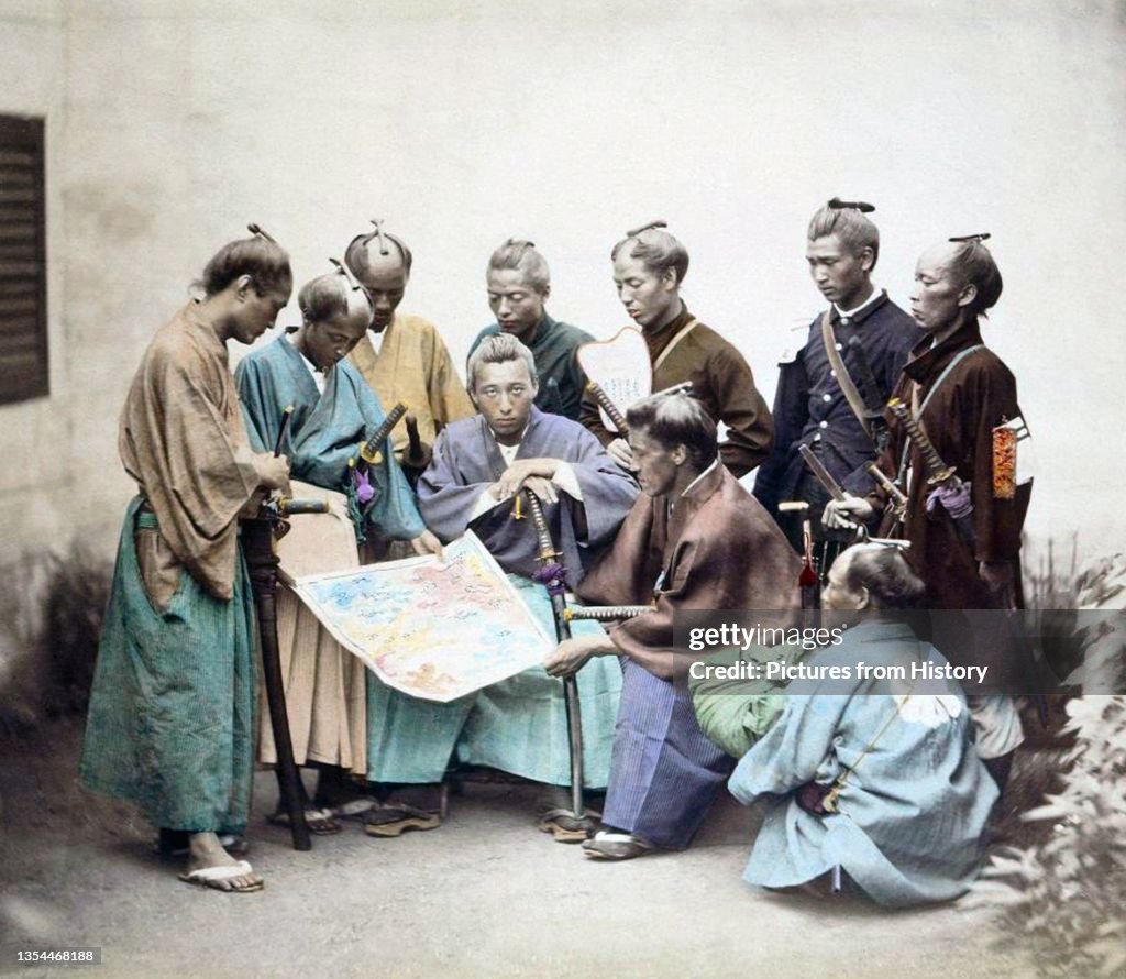 Japan: Samurai of the Satsuma domain, fighting for the Meiji during the Boshin War (1868-1869). Photograph by Felice Beato..