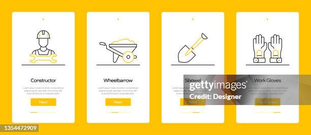 construction industry concept onboarding mobile app page screen with flat icons. ux, ui design template vector illustration - electrical contractor stock illustrations