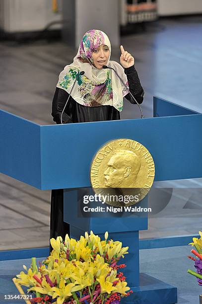 Tawakkol Karman of Yemeni, one of three joint winners of the Nobel Peace Prize, gives her speech to the audience during the Nobel Peace Prize Award...