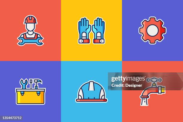 construction industry related flat line icons. vector symbol illustration. - electrical contractor stock illustrations