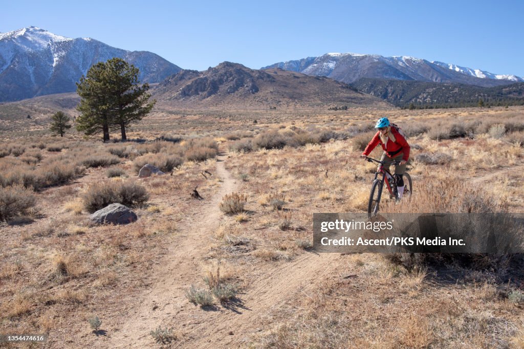 Female mountain biker follows trail through desert