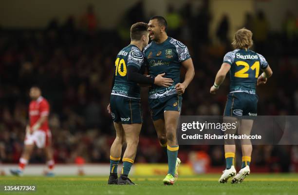 Kurtley Beale of Australia celebrates kicking the winning penalty during the Autumn Nations Series match between Wales and Australia at Principality...