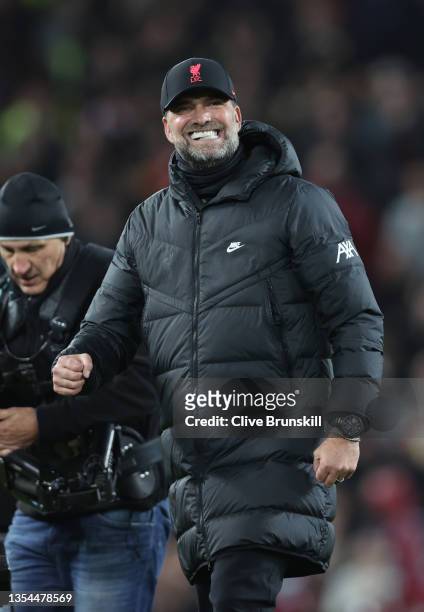 Juergen Klopp, Manager of Liverpool reacts after their sides victory in the Premier League match between Liverpool and Arsenal at Anfield on November...
