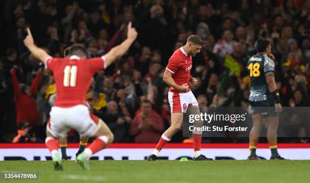 Wales player Rhys Priestland celebrates after kicking a last minute penalty to win the game for Wales during the Autumn Nations Series match between...