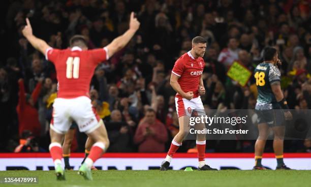 Wales player Rhys Priestland celebrates after kicking a last minute penalty to win the game for Wales during the Autumn Nations Series match between...