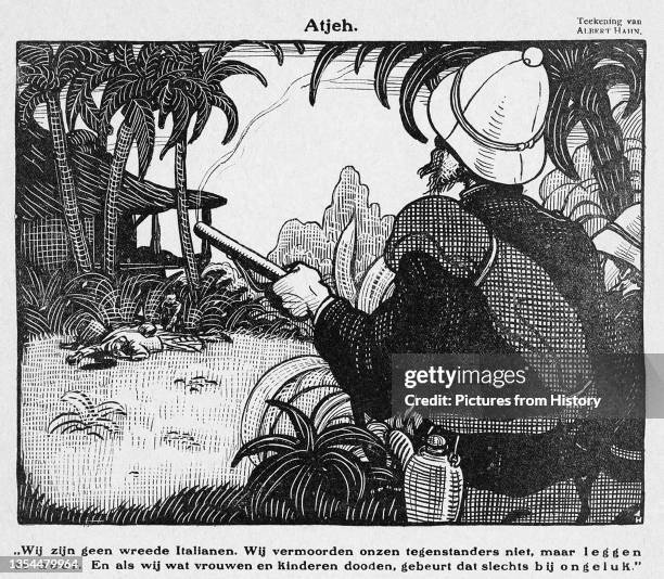 In this 1912 political sketch by Albert Hahn, a Dutch soldier surveys an Acehnese family he has just killed. The text below reads: 'Wij zijn geen...