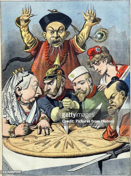 In this French political cartoon from 1898 a pastry representing China is being divided between caricatures of Queen Victoria of the United Kingdom...