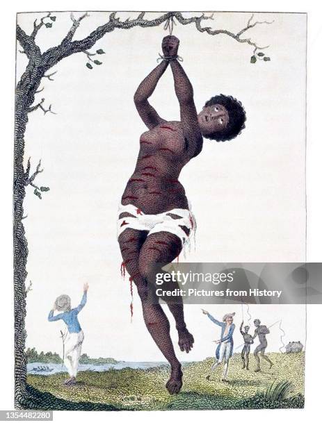 The engraving shows a woman hanging from a tree with deep lacerations; in background two white men and two black men, the latter with whips. Stedman...