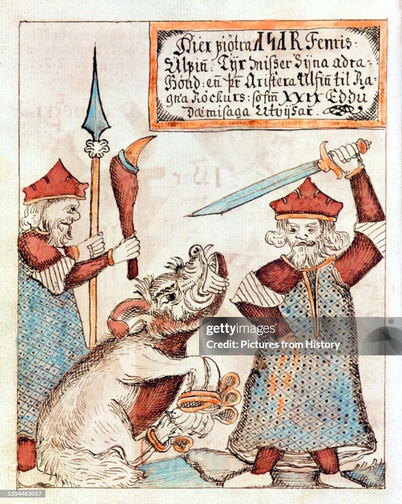 Iceland / Denmark: The wolf Fenrir holding Tyr's severed hand in its mouth. Ink on paper, Jakob Sigurdsson (1727-1779), 1760. Kongelige Bibliotek, Copenhagen