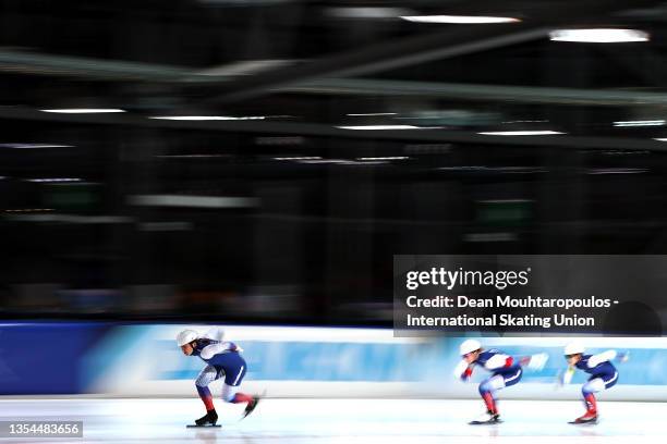 Daria Kachanova, Olga Fatkulina and Kristina Silaeva of Russia compete in the Team Sprint Women Division A during Day 2 of the ISU World Cup Speed...