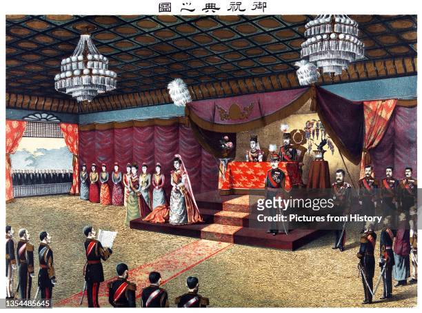 Wedding reception of Crown Prince Yoshihito and Princess Kuj_ Sadako. The Crown Prince and the Princess at their wedding reception; The Meiji Emperor...