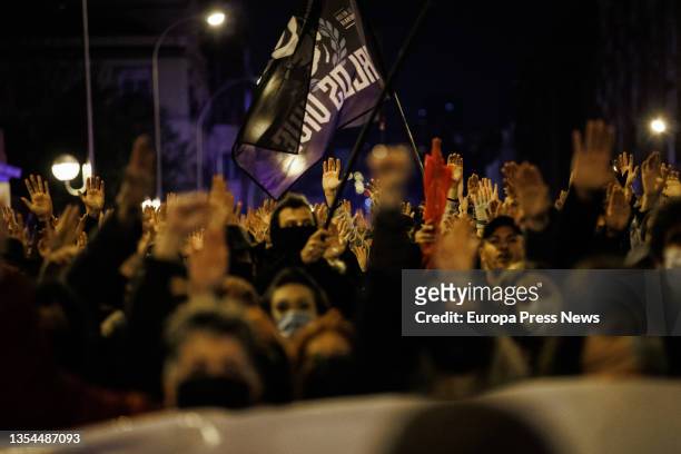 Several people take part in an anti-fascist demonstration on 20 November 2021 in Madrid, Spain. This protest started in the area of Puente de...