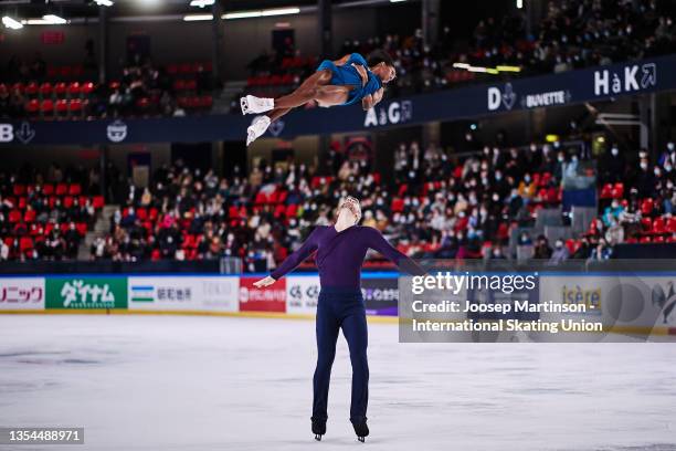 Vanessa James and Eric Radford of Canada compete in the Pairs Free Skating during the ISU Grand Prix of Figure Skating - Internationaux de France at...