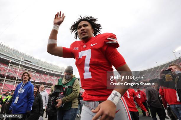 Stroud of the Ohio State Buckeyes leaves the field after a 56-7 win over the Michigan State Spartans at Ohio Stadium on November 20, 2021 in...