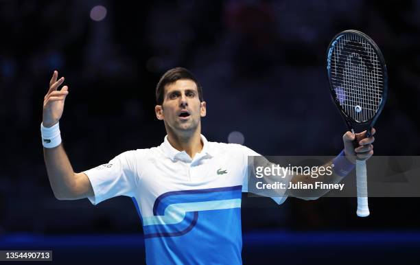 Novak Djokovic of Serbia reacts during the Men's Single's Second Semi-Final match between Novak Djokovic of Serbia and Alexander Zverev of Germany on...