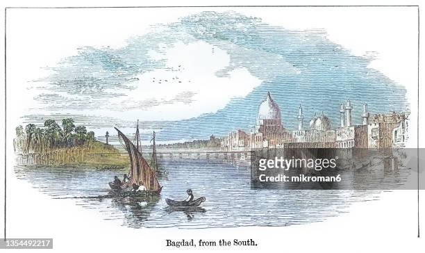 old engraved illustration of old baghdad from the south - baghdad stock pictures, royalty-free photos & images