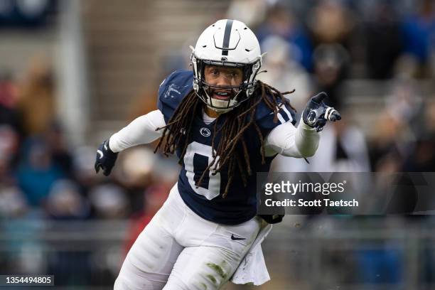 Jonathan Sutherland of the Penn State Nittany Lions celebrates after making a n interception against the Rutgers Scarlet Knights during the second...