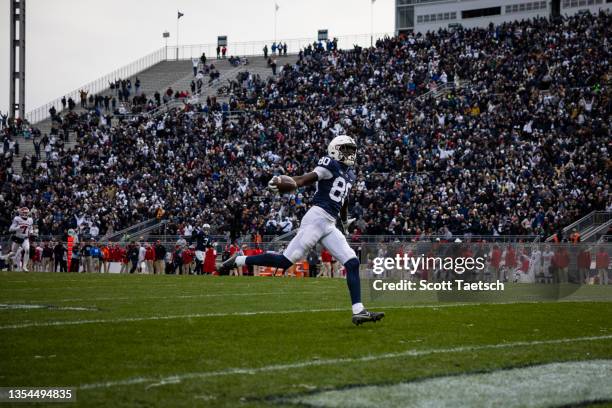 Malick Meiga of the Penn State Nittany Lions scores a touchdown against the Rutgers Scarlet Knights during the second half at Beaver Stadium on...