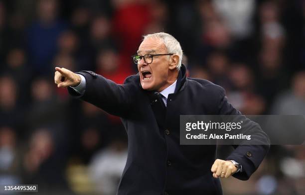 Manager of Watford Claudio Ranieri reacts during the Premier League match between Watford and Manchester United at Vicarage Road on November 20, 2021...