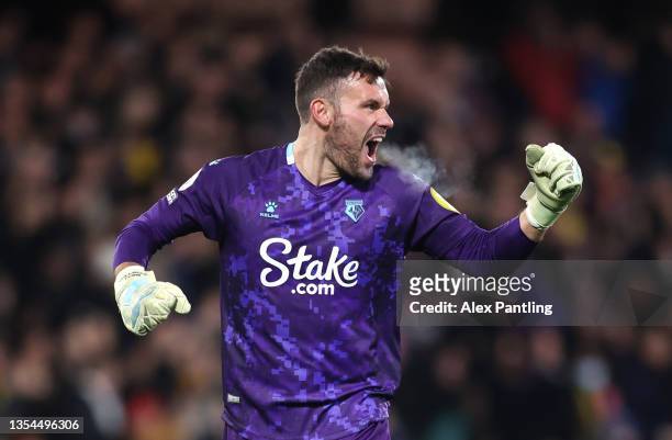 Ben Foster of Watford celebrates after his side score their third goal during the Premier League match between Watford and Manchester United at...