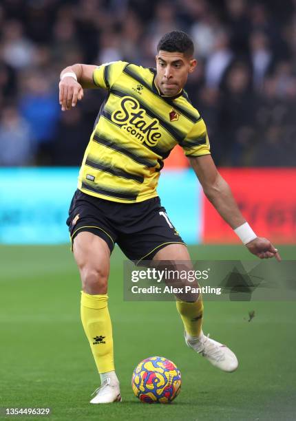 Adam Masina of Watford during the Premier League match between Watford and Manchester United at Vicarage Road on November 20, 2021 in Watford,...