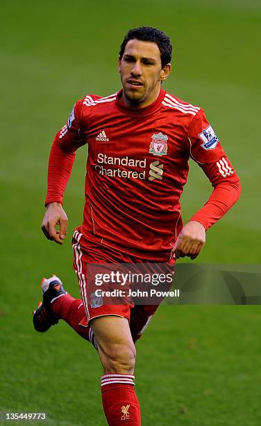 Maxi Rodriguez of Liverpool in action during the Barclays Premier league match between Liverpool and Queens Park Rangers at Anfield on December 10,...