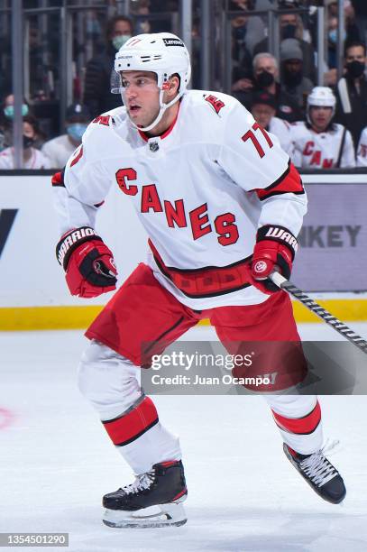 Tony DeAngelo of the Carolina Hurricanes skates on the ice during the first period against the Los Angeles Kings at STAPLES Center on November 20,...