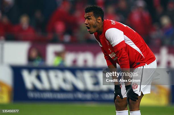 Eric Maxim Choupo-Moting of Mainz reacts during the Bundesliga match between FSV Mainz 05 and Hamburger SV at Coface Arena on December 10, 2011 in...