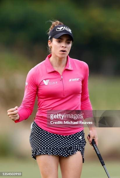 Gaby Lopez of Mexico reacts to her eagle putt on the 17th green during the third round of the CME Group Tour Championship at Tiburon Golf on November...
