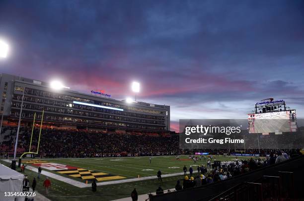 The Maryland Terrapins play against the Michigan Wolverines in the first half at Capital One Field at Maryland Stadium on November 20, 2021 in...