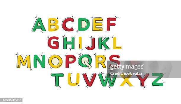 illustrations, cliparts, dessins animés et icônes de ensemble vectoriel de l’alphabet anglais. mignon alphabet anglais vectoriel coloré, police dessinée à la main. - humour rentrée scolaire