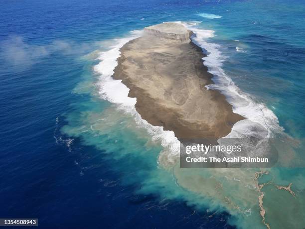 In this aerial image, Fukutoku-Okanoba submarine volcano is seen on November 12, 2021 in Ogasawara, Tokyo, Japan.