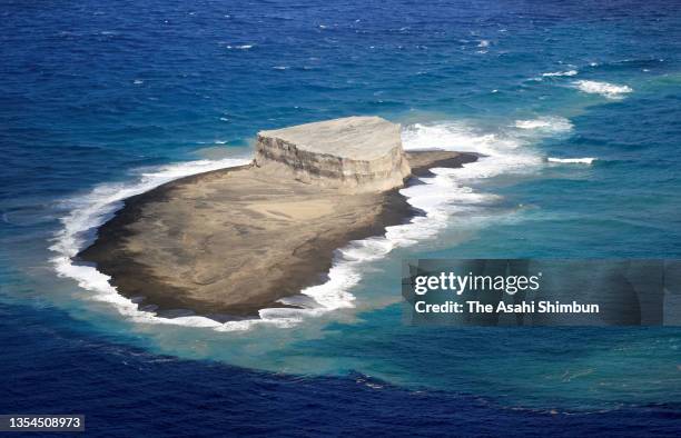 In this aerial image, Fukutoku-Okanoba submarine volcano is seen on November 12, 2021 in Ogasawara, Tokyo, Japan.