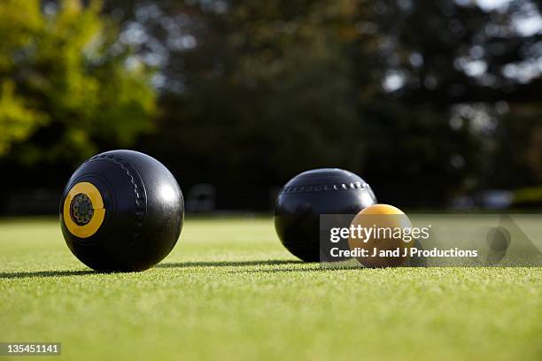 bowls and a wood on a bowling green - bowling green stock pictures, royalty-free photos & images