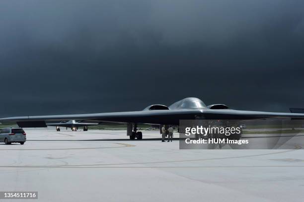 Multiple B-2 Spirits land for aircraft recovery as storm clouds gather Aug. 24 at Andersen Air Force Base, Guam. .