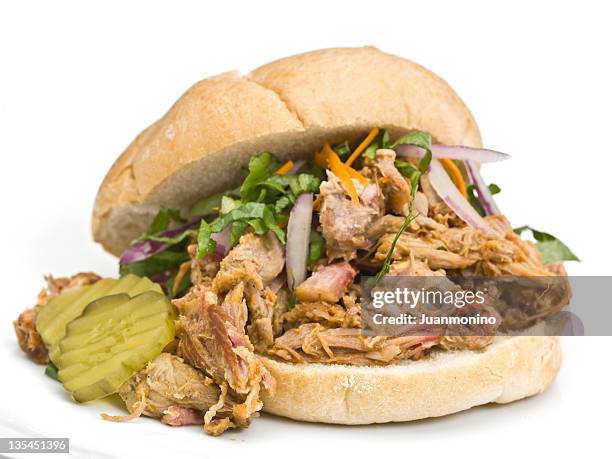 pulled pork sandwich - barbecue pork stock pictures, royalty-free photos & images
